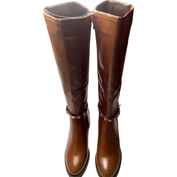 Torgies Womens 6 Cognac Brown Faux Leather Riding Boots With Gold Studded Strap - Picture 3 of 16